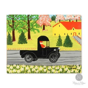 画的是一辆黑色卡车行驶在一条路上，背景是金色的田野和房子。左边有一些树。这房子有一个橙色的屋顶。前景中的花朵