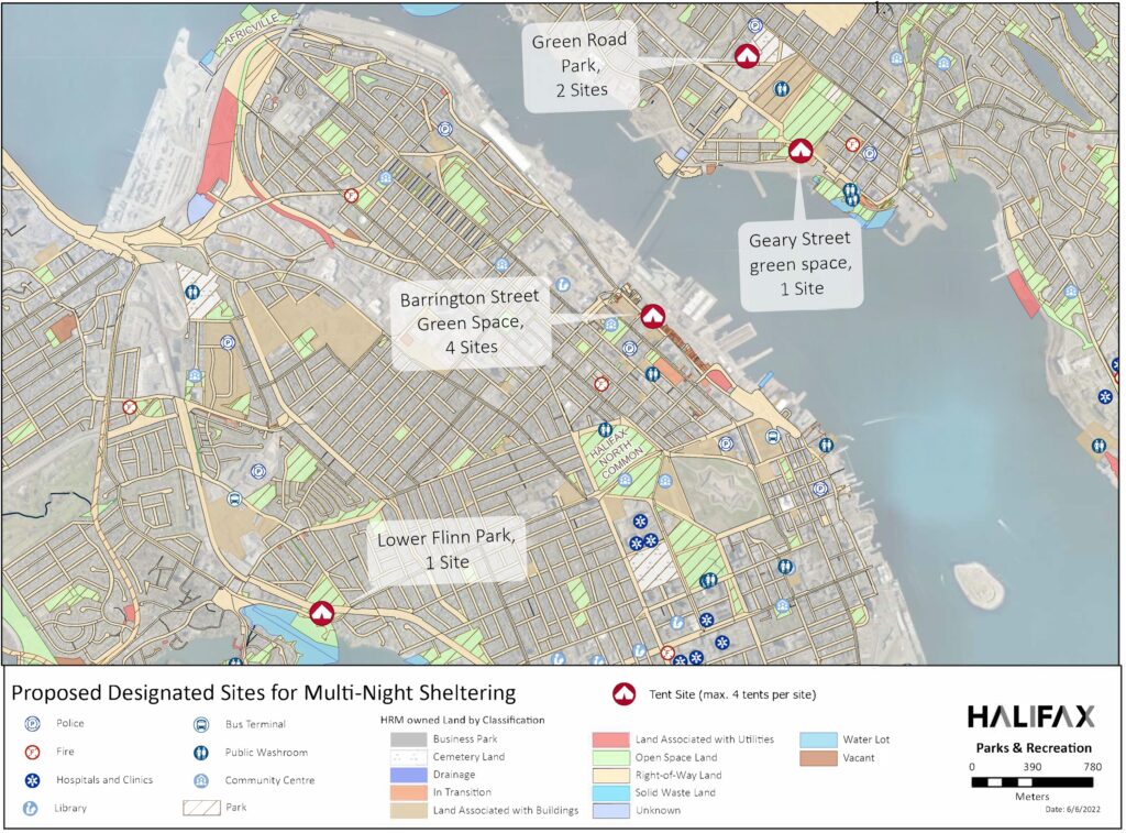 A map shows part of the urban core of Halifax, including most of the peninsula and downtown Dartmouth. On the Dartmouth side, 