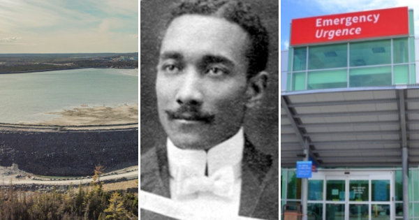 三张照片:一个巨大的湖泊大小的尾矿库，一个戴着白色领结的黑人，以及急诊室的入口