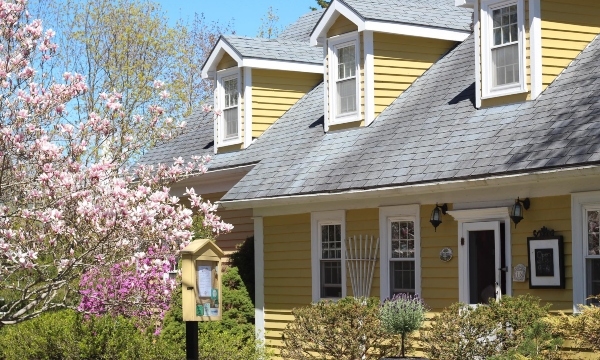 可以看到一座历史悠久的白色装饰的黄色房子，正门附近有一棵木兰树。