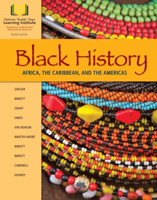 The book cover for Black History: Africa, the Caribbean, and the Americas. The cover is orange with photos of colourful beaded necklaces