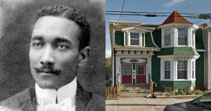 这是两张照片的拼贴图:左边是一张黑白照片，一个留着小胡子的黑人穿着正式的毕业装。右图是一座绿色的历史建筑，有白色装饰和红色的门。