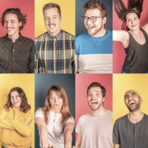 A collage of eight different actors, men and women, goofing around against bright coloured backgrounds