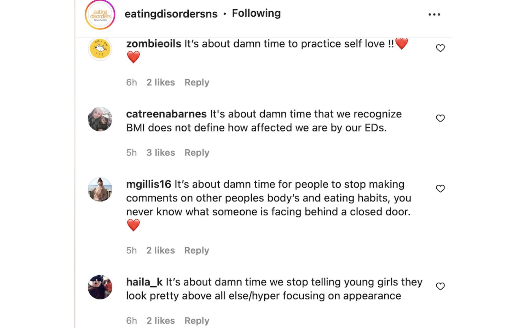 EDNS Instagram帖子的回复样本，人们分享了他们想要改变的饮食失调。