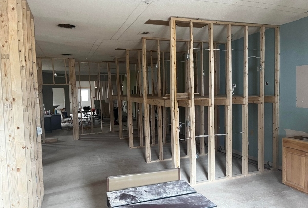 Wood framing in a room under construction