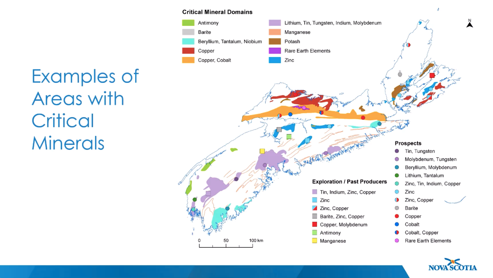 幻灯片来自Janice Zinck，展示了新斯科舍省关键矿产地区的例子