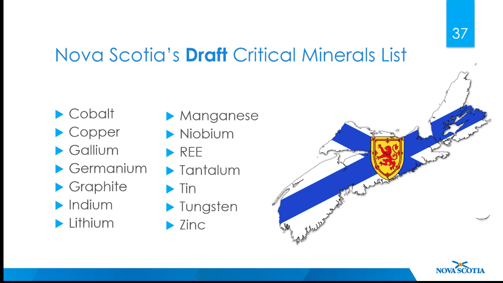 这张幻灯片来自Janice Zinck的演示，展示了新斯科舍省14种关键矿物的草案清单。上面没有黄金