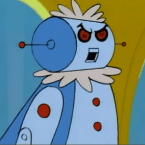 A cartoon of a female robot that is blue, with red buttons, evil eyes, and a white frilly collar around its neck.