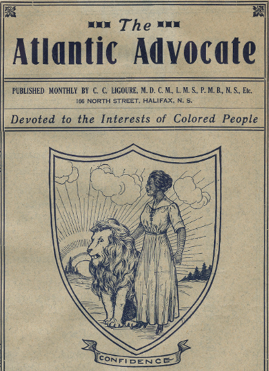 《大西洋倡导者》(The Atlantic Advocate)的封面是用黑色的米色纸印刷的，封面上有一个黑人妇女站在一头狮子旁边，她的手放在狮子的鬃毛上。