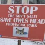 A red sign with white lettering which says Save Owls Head