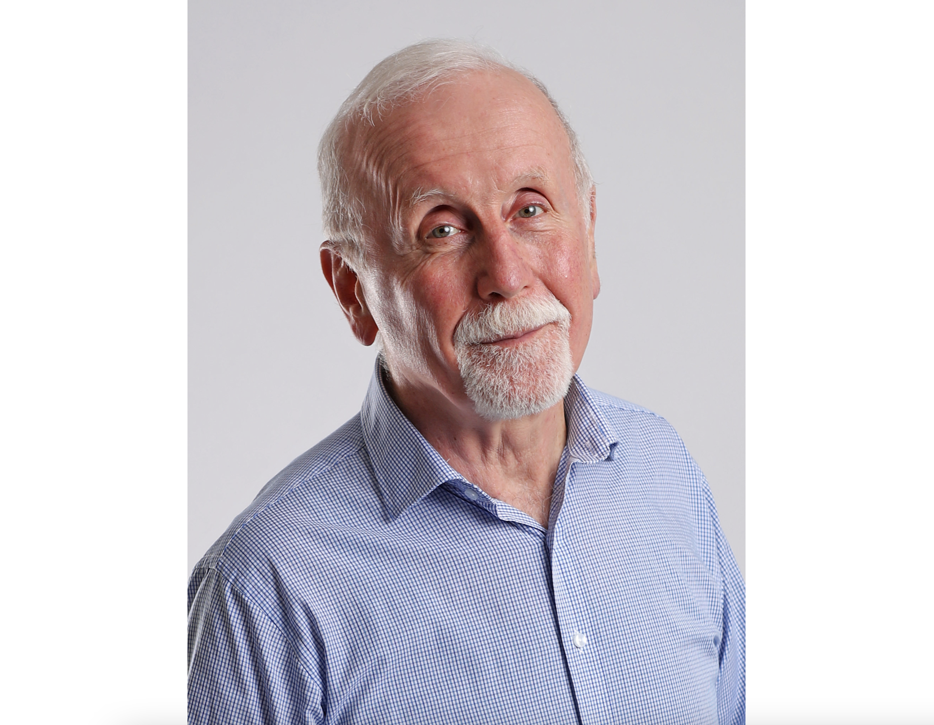 一个头发稀疏，留着胡子，穿着淡蓝色衬衫的男人看着白色背景下的相机，微微一笑。