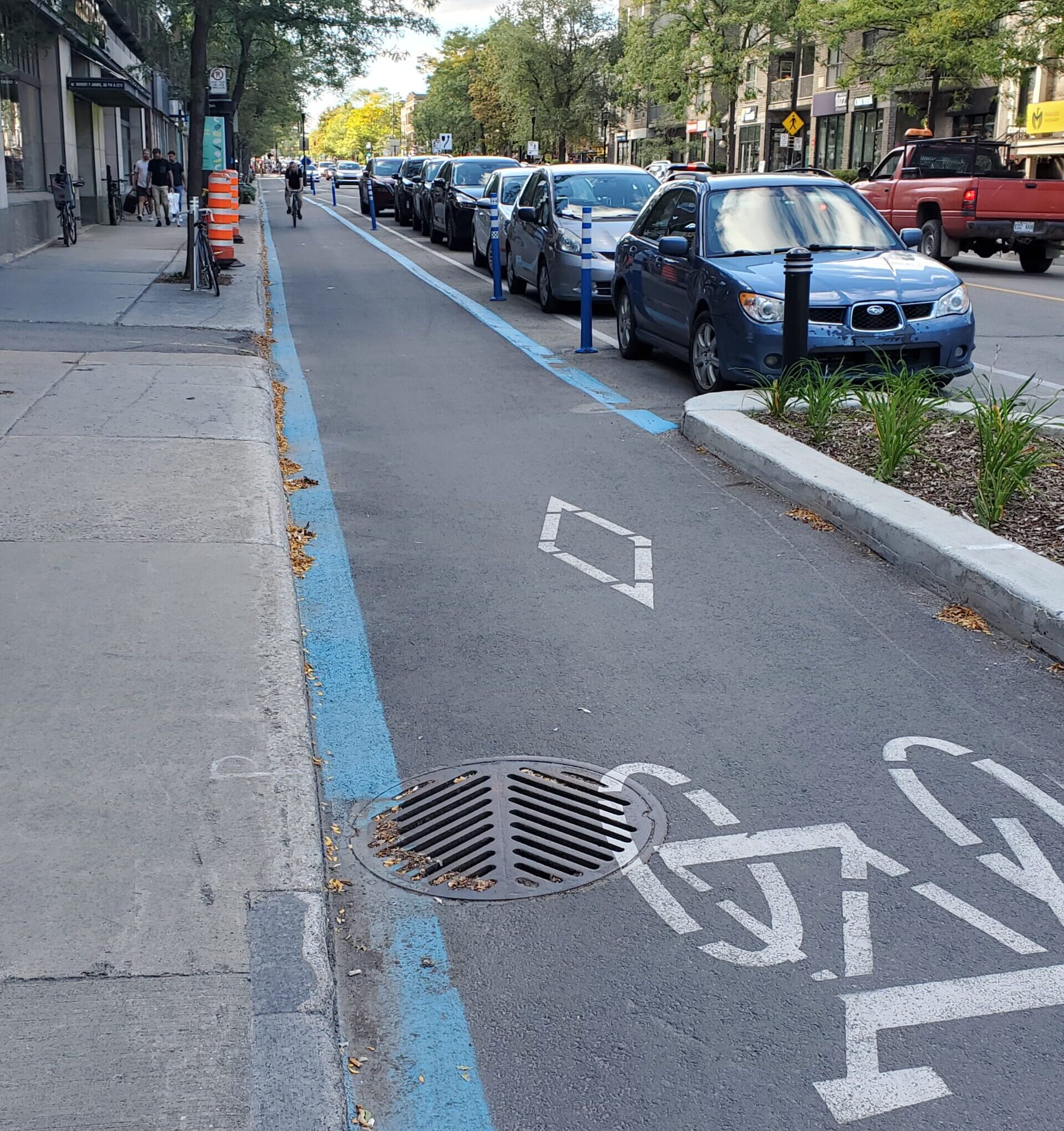 A protected bicycle lane, with cars parked on the street beside it and a cyclist approaching.