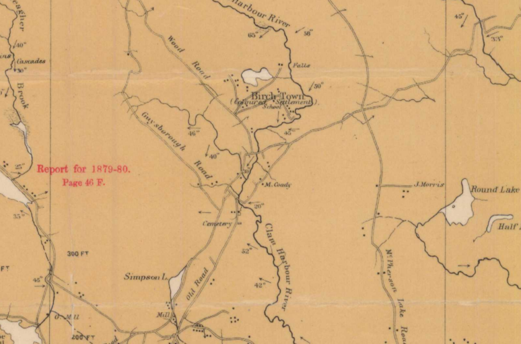 A portion of a map from 1884 that shows rivers, roads, and communities.