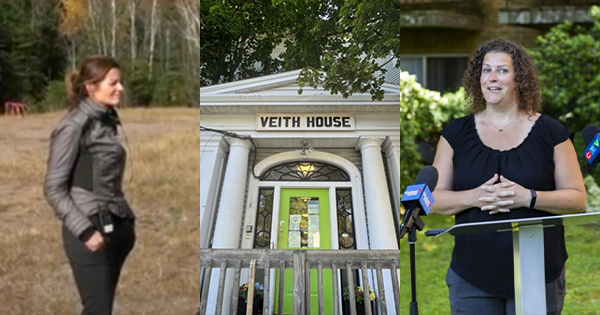 三张照片拼贴:左边一个穿着黑色裤子和灰色夹克的女人站在田野里。中间的照片是一户人家的正门。右边的照片是一位女士站在麦克风前讲话