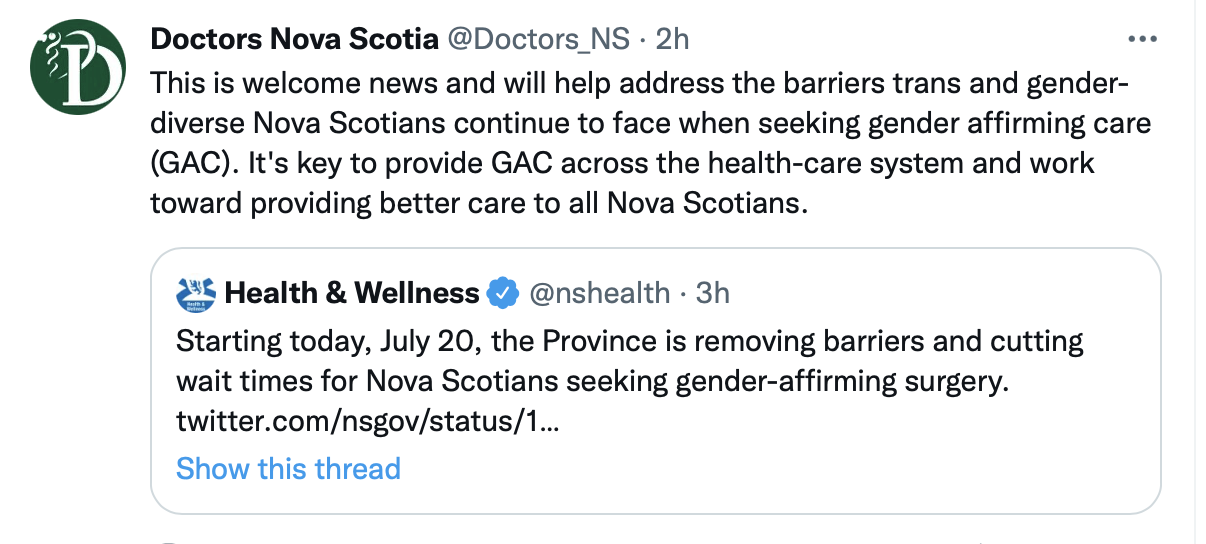 新斯科舍省医生的一条推特说，这是一个受欢迎的消息，将有助于解决新斯科舍省跨性别者和性别多样化者在寻求性别确认护理(GAC)时继续面临的障碍。关键是在整个医疗保健系统中提供GAC，并努力为所有新斯科舍省人提供更好的医疗服务。下面的推文写道，省府为新斯科舍省寻求性别确认手术的人减少了障碍