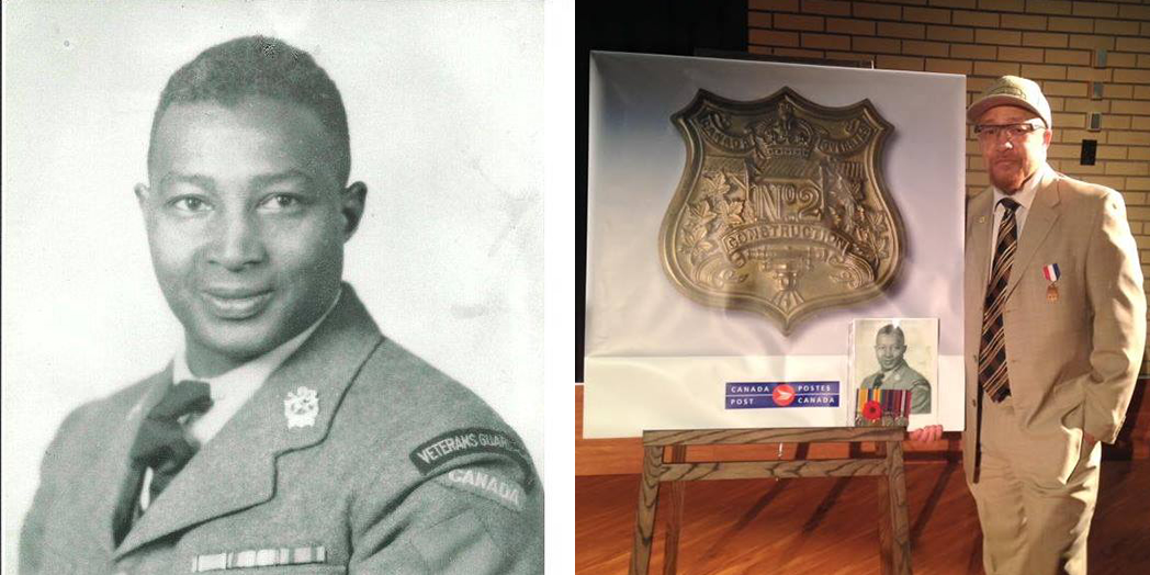 Left Photo: Black and white photo of a man in a military uniform. Right photo: A man in a beige suit, hat, and striped tie stands next to a display of a badge and a photo.