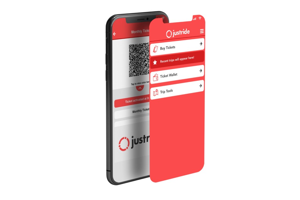 A smartphone on a white background shows a ticketing app, with a QR code, and a second red screen floating in an illustration.