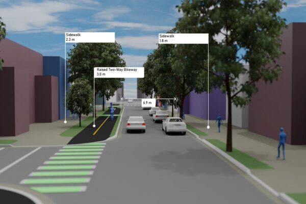 一个带注释的渲染图显示了一条单行道，左边是自行车道，两边是人行道。