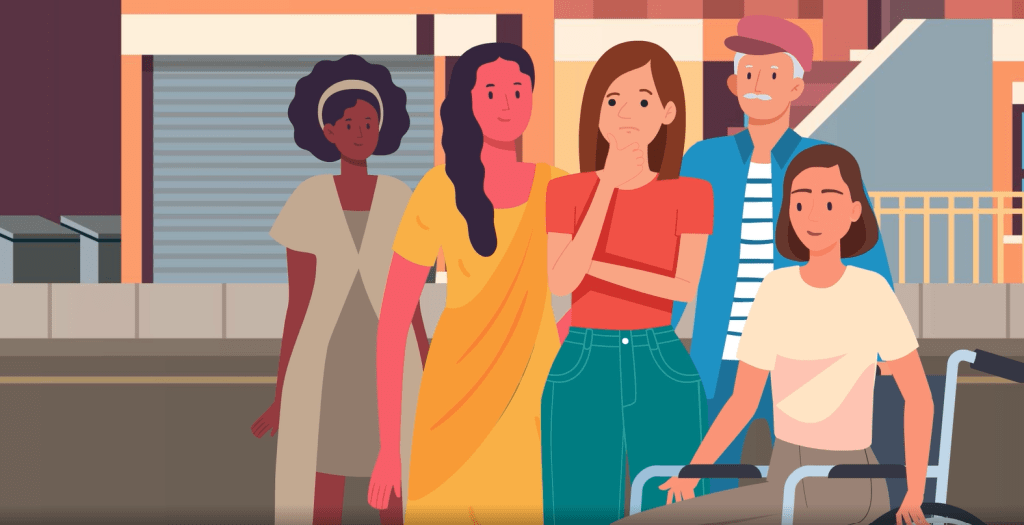 动画视频的截图。这张照片显示了四名女性和一名男性。其中一名妇女坐在轮椅上