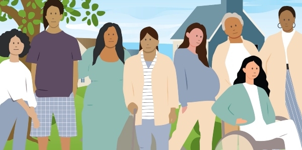 一个动画视频的截图。这个动画是几个人排成一行的