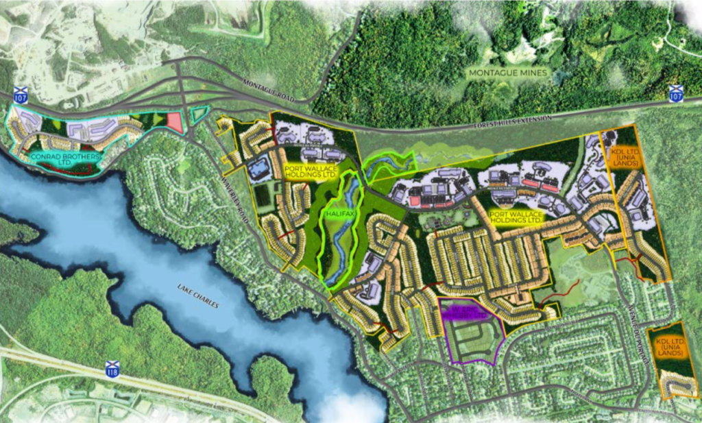 这张来自Calyton Developments 2021年展示的地图显示了华莱士港的位置和拟议的分区，中间是人力资源管理公司拥有的Barry’s Run，上游是蒙塔古金矿，横跨107号高速公路(Forest Hills Parkway)，唯一的道路是威弗利路