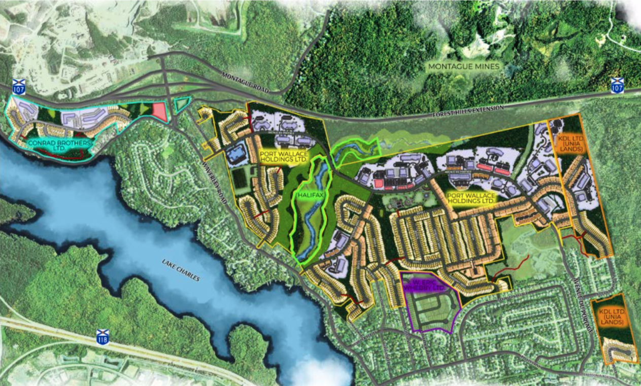 这张来自Calyton Developments 2021演示的地图显示了拟议华莱士港的位置，其中人力资源管理公司旗下的Barry’s Run位于中间，蒙塔古金矿上游横跨107号公路(森林山公园路)，唯一的道路通道来自韦弗利路