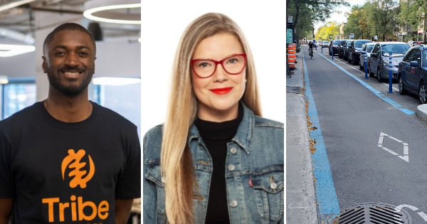 三张照片;一个面带微笑的黑人男子，穿着印有“部落”字样的T恤;一个面带微笑的白人女子，一头金色长发，戴着时髦的红色眼镜;还有一个骑自行车的人，在人行道和停放的汽车之间的一条受保护的自行车道上。