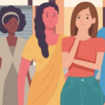 一个黑人妇女、一个白人妇女和一个有色人种妇女穿着纱丽的插图