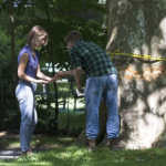 一个男人和一个女人从一棵受损的树上收集树皮