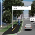 自行车道平面图的渲染，街道上有汽车和行人。渲染图上的标签上写着凸起的双向自行车道
