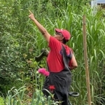 一张照片上，一个黑人妇女穿着红色t恤、红色球帽和黑色裤子，站在田野里，手指向上。