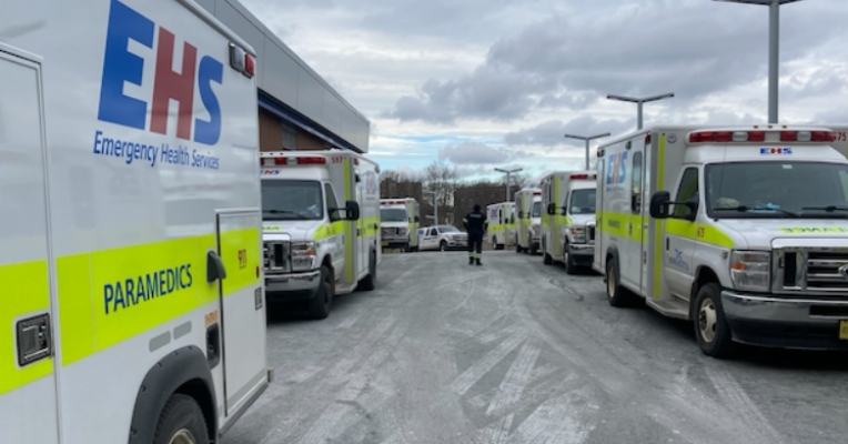 Ambulances line up outside a hospital