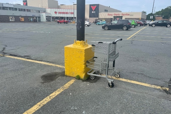 一张停车场灯柱旁的小购物车的照片。背景是商店门面和汽车。