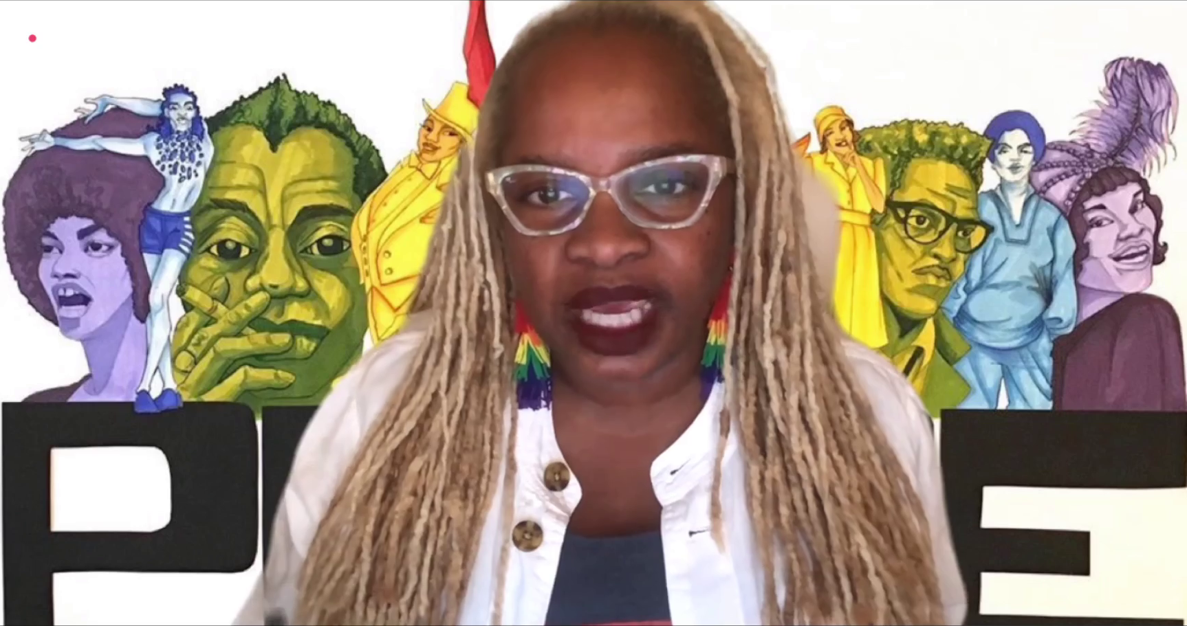 黑人妇女戴着眼镜，金发辫子，穿着白色衬衫的爆头，