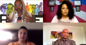 四张照片，头像拼贴:OmiSoore Dryden博士(左上)主持了一场名为“黑人酷儿和变性人的生命也很重要”的小组讨论，与他一起的还有Chris Cochrane(右上)，Rachel Zellars(左下)和Theaston White(右下)。