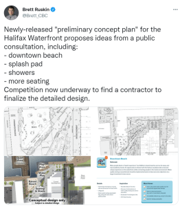 一条关于哈利法克斯海滨新计划细节的推文，包括一个溅水垫，海滩，淋浴和更多的座位