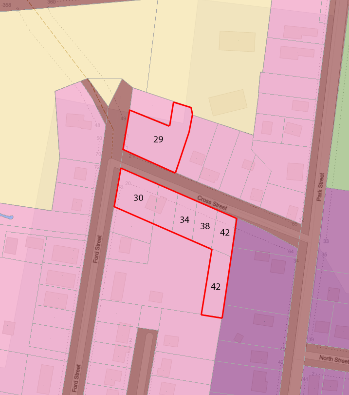 粉红色和黄色的地图，用红色标出了一些区域。