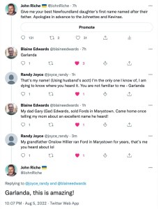 三个人在推特上讨论Garlanda这个名字的起源。