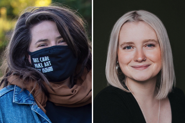两张照片:一名年轻的白人黑发女子戴着写着“小心制作艺术”的黑色面具，另一名金发白人女子在摄影棚中微笑。