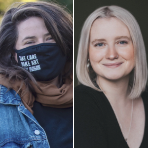 Two photos: A young white brunette woman with a black mask that says 