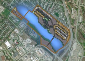 鸟瞰艾斯纳湾湿地，主要覆盖在拟议的住宅开发图纸上