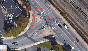 十字路口的鸟瞰图，红色虚线显示危险的驾驶决定