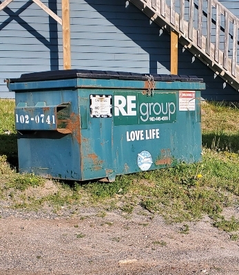 在一栋建筑后面的一组木楼梯前，有一个绿色的生锈的垃圾箱。