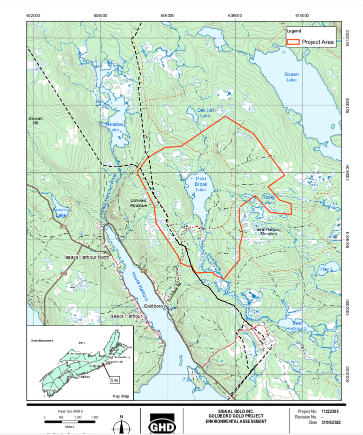 这张地图显示了拟建的戈德伯勒金矿区，用红色标出，金溪湖在中间，艾萨克斯港在东边。