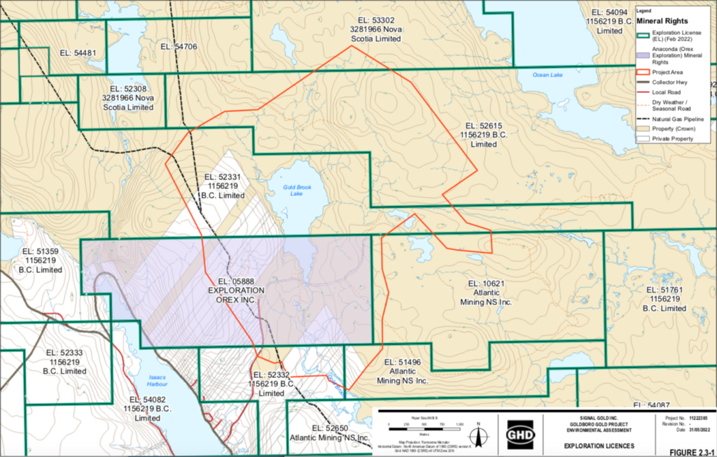从Signal Gold提交给NS环境与气候变化公司的地图中，可以看到计划中的Goldboro矿区，周围是由大西洋矿业NS和BC公司拥有的勘探许可证。
