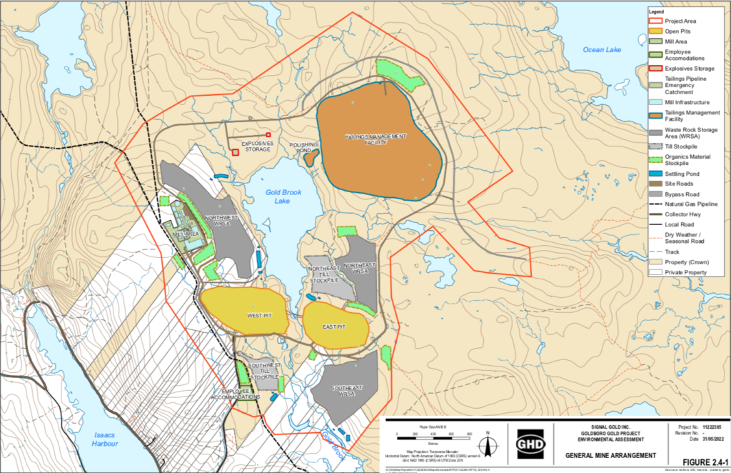 Signal Gold的环境登记文件中的一张图，显示Goldboro的“矿山总体布局”，以及两个露天坑、废石堆、尾矿库等