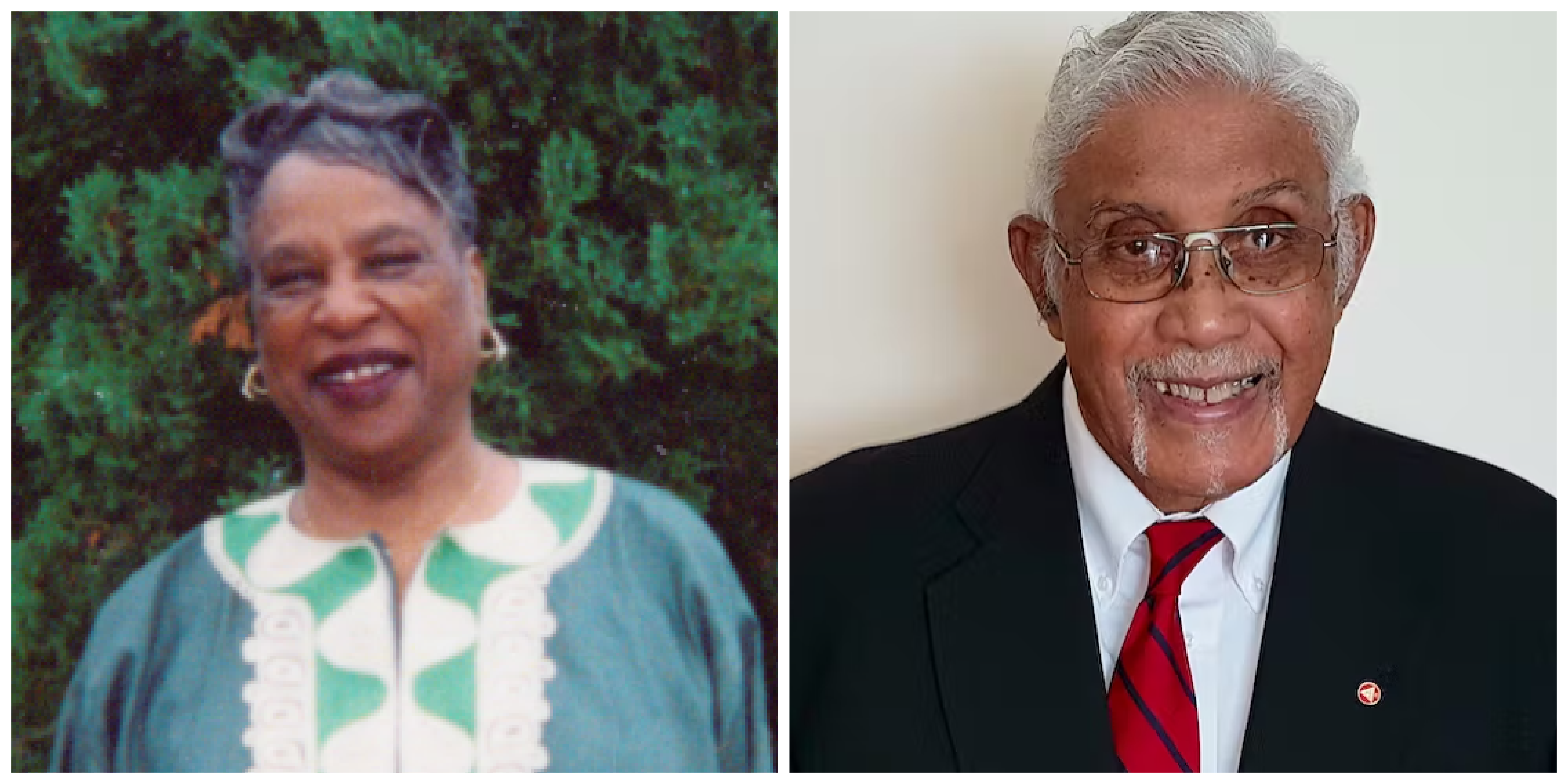 Left photo: Black woman in green dress trimmed with white. Right Photo: Black man in dark blazer and red tie
