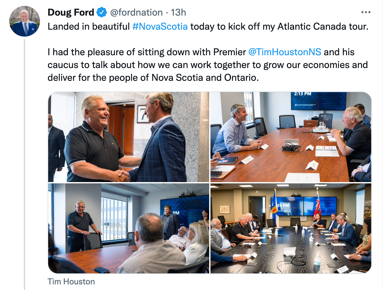 道格·福特在推特上写道:“今天抵达美丽的新阿斯科舍，开始我的大西洋加拿大之旅。我很高兴与蒂姆·休斯顿总理和他的党团成员坐下来讨论我们如何共同努力发展经济，为新斯科舍省和安大略省的人民服务。”并附上了四张福特和休斯顿会面的照片