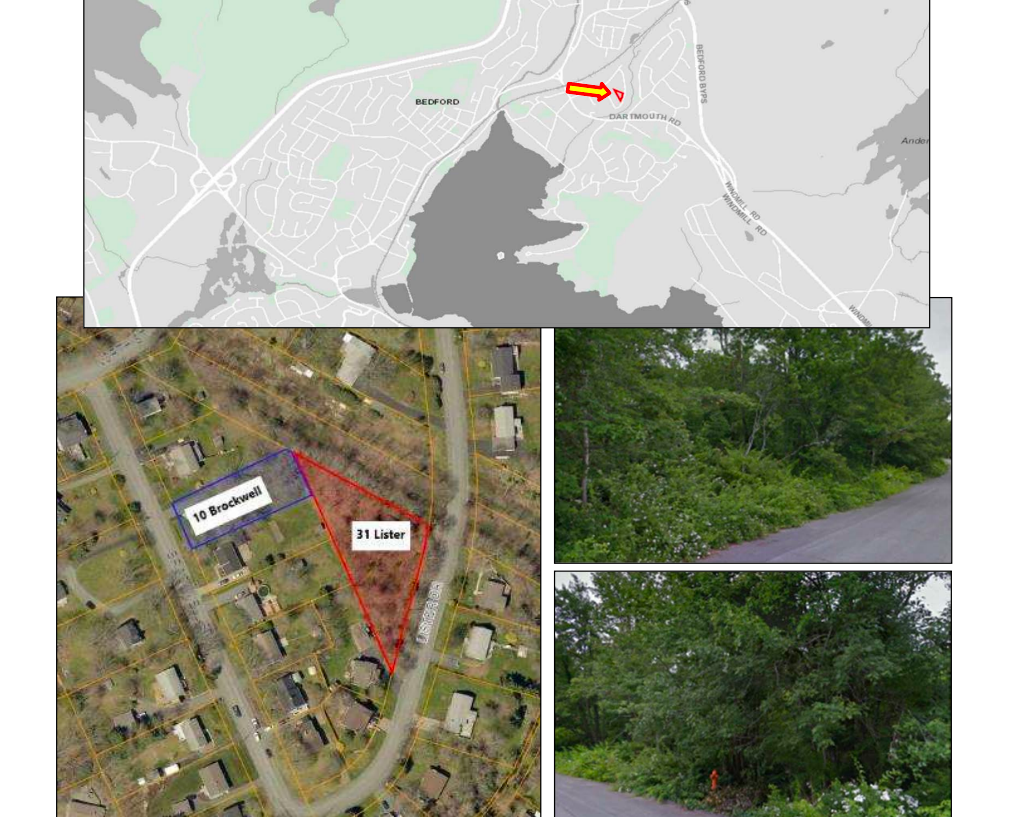A screenshot shows two maps and two photos. The map on top highlights a property in Bedford. The one on the bottom left shows highlights two properties. Two photos on the bottom right show a wooded property.
