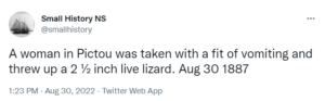 一条推特上说，Pictou的一名妇女突然呕吐，吐出了一只2.5英寸长的活蜥蜴。1887年8月30日